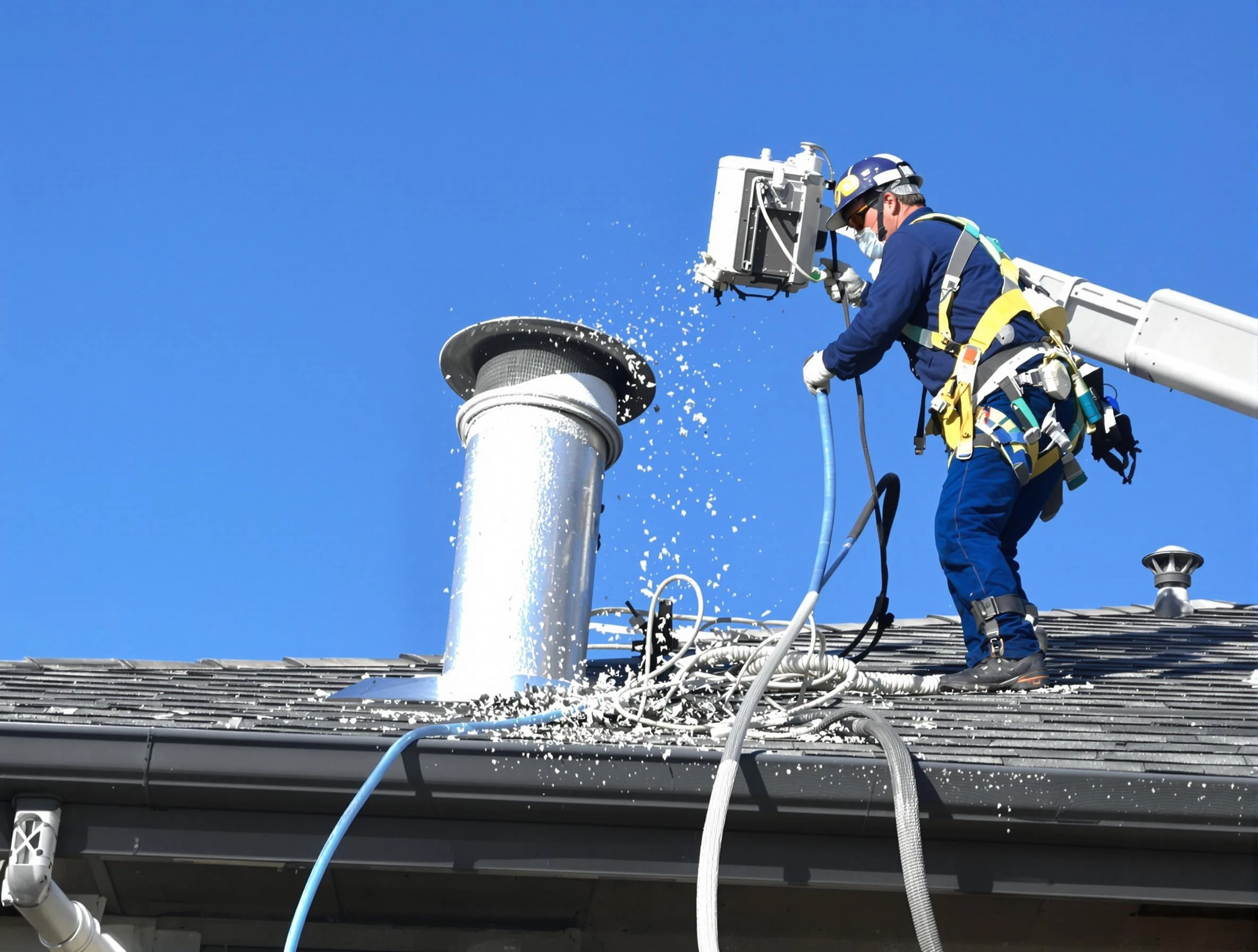 Glendale Dryer Vent Cleaning certified technician safely cleaning a roof-mounted dryer vent in Glendale